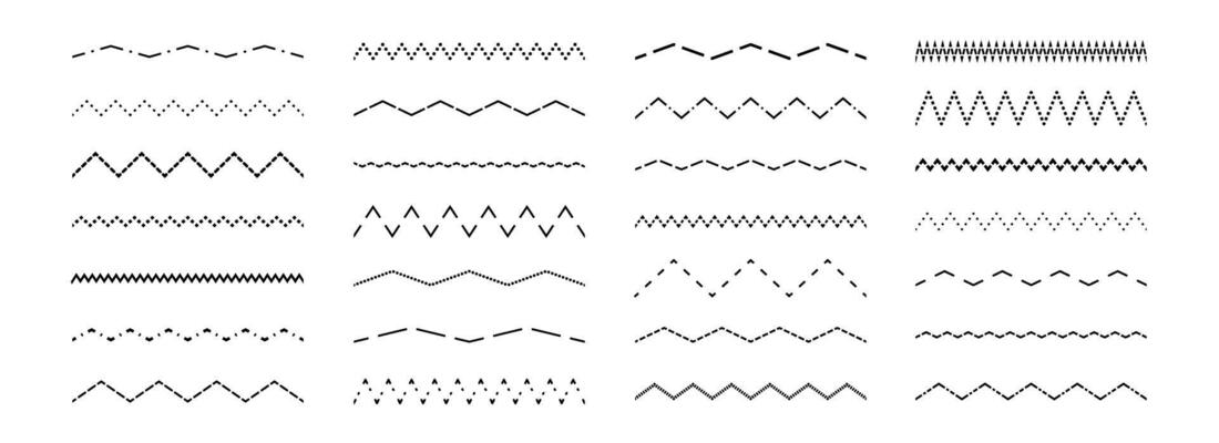 Dashed wavy and zig zag line set. Dotted dividers or separators design element collection. Broken stroke pack for underline, emphasis, highlight. Repeated dash zigzag lines bundle.
