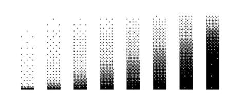 Halftone vertical gradient border set. Black long dotted frame or divider collection. Pixelated rectangle decoration element for banner, poster, advertisement, card, cover. vector
