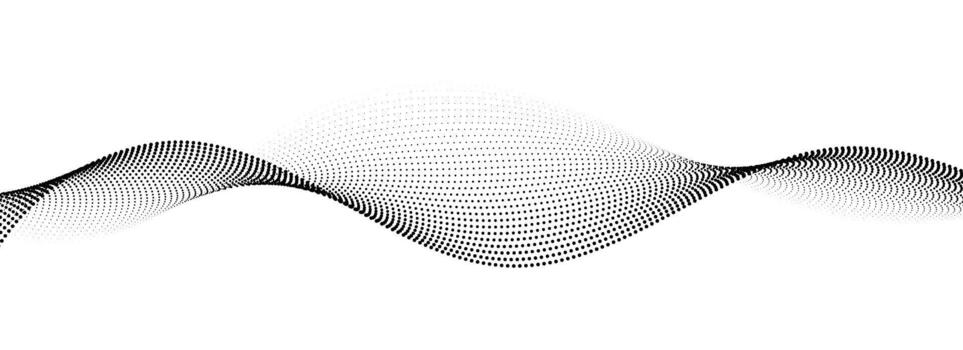 Dotted wave line background. Black halftone undulate pattern. Abstract flowing particle wave wallpaper. Curved dashed gradient design element for poser, banner, presentation, booklet. vector