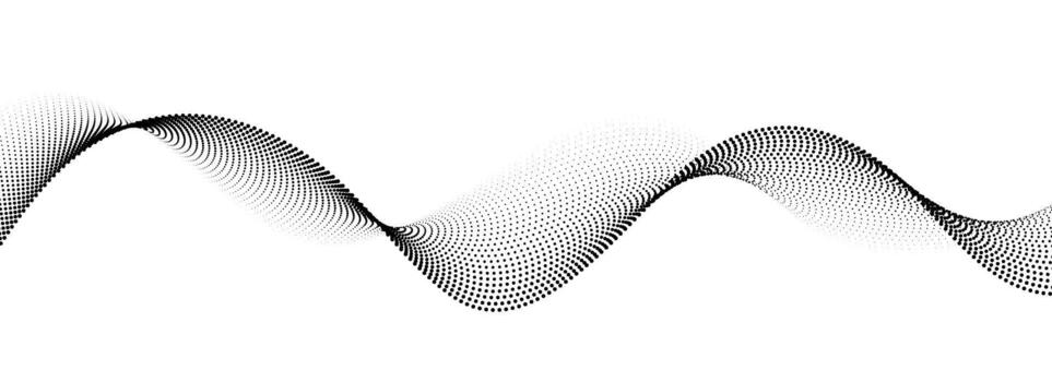 Dotted wave line background. Black halftone undulate pattern. Abstract particle flow wave wallpaper. Curved dashed gradient net design element for poser, banner, presentation, booklet, flyer vector