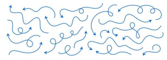 Comic dotted thin arrow set. Blue curved dashed pointer collection. Squiggle sketchy direction lines. Dots squiggle loop stripe design elements bundle for flyer, poster, brochure, banner. vector