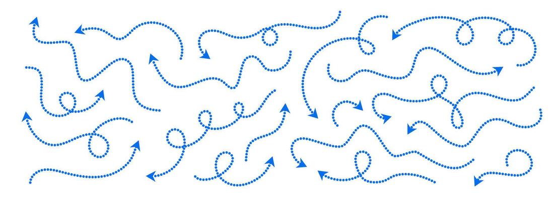 Comic dotted thin arrow set. Blue curved dashed pointer collection. Squiggle sketchy direction lines. Dots squiggle loop stripe design elements bundle for flyer, poster, brochure, banner.