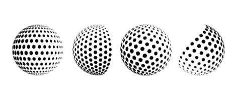 Black halftone pattern sphere collection. Hexagon wireframe 3d circle set. Grid globe element bundle. Round shape pack for tech poster, banner, cover, emblem, leaflet. vector