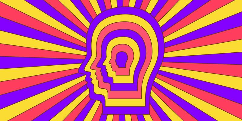 Retro trippy psychedelic background. Purple, yellow and pink groovy head with ray burst wallpaper. Vintage colorful hippie tunnel poster. Mental hypnotic vibe concept.