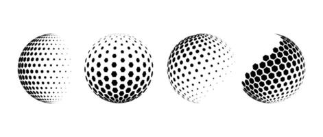 Fading halftone pattern sphere set. Hexagon wireframe 3d circle collection. Black grid globe element bundle. Round vanishing shape pack for tech poster, banner, cover, emblem. Spinning objects vector