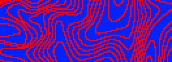 Red and blue dithered curved wavy texture. Pixelated glitch lines background. Digitalized distorted stripes for banner, poster, flyer, booklet. Abstract rasterized overlay wallpaper vector