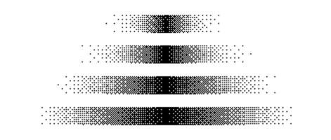 Halftone horizontal gradient border set. Black long dotted frame or divider collection. Pixelated rectangle decoration element for banner, poster, advertisement, card, cover. vector