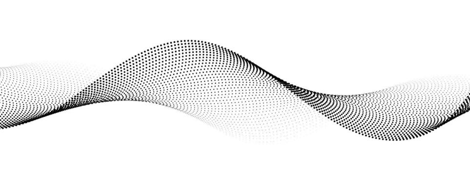 Dotted wavy line background. Black halftone undulate pattern. Curved dashed gradient design element for poser, banner, presentation, booklet. Abstract flowing particle wave wallpaper. vector