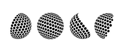 Black halftone pattern sphere set. Hexagon wireframe 3d circle collection. Grid globe element bundle. Round shape pack for tech poster, banner, cover, emblem. Spinning objects vector