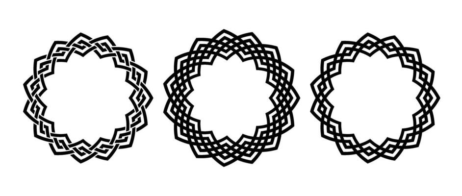 Retro knot circle frame set. Vintage celtic round border collection. Braid and rope ornament and motif pattern for banner, poster, frame. Black circular design elements bundle.