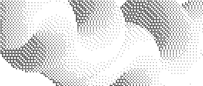 Pixelated gradient wave shape. Black dither squiggle texture background. Dotted fluid curvy form for banner, poster, leaflet. Abstract rasterized undulated overlay wallpaper. Comic backdrop vector