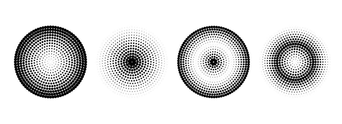 Halftone concentric circle set. Comic grunge texture ring shape collection. Dotted round geometric collection. Radial pop art design elements. Epicenter, target, radar concept.