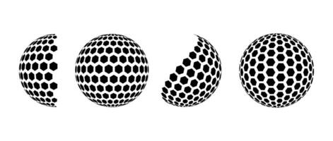 Black halftone pattern sphere set. Hexagon wireframe 3d circle collection. Grid globe element bundle. Round shape pack for tech poster, banner, cover, emblem. vector