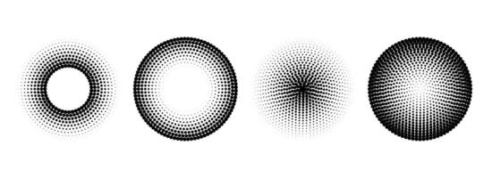 Halftone concentric circle set. Comic grunge texture ring shape collection. Dotted round geometric collection. Radial pop art design elements. Epicenter, target, radar concept. Halftone circles vector