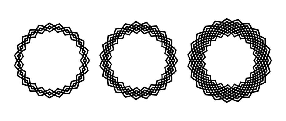 Retro knot circle frame set. Black celtic round border collection. Braid and rope ornament and motif pattern for banner, poster, frame. Circular radial design elements bundle.
