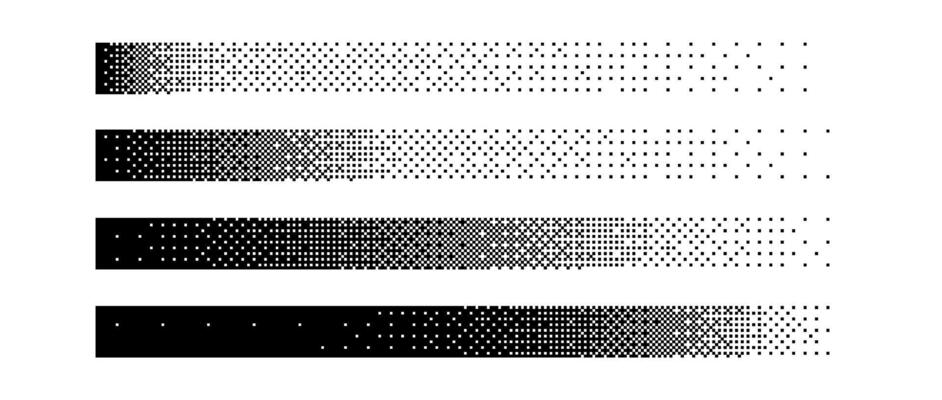 Halftone horizontal gradient border set. Black long dotted header or footer collection. Pixelated rectangle decoration element for banner, poster, advertisement, card, cover.