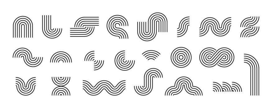 Black boho style geometric shape set. Mid century curves, waves and arches collection. Decorative line elements for graphic design template, poster, banner, cover. Wavy linear objects vector