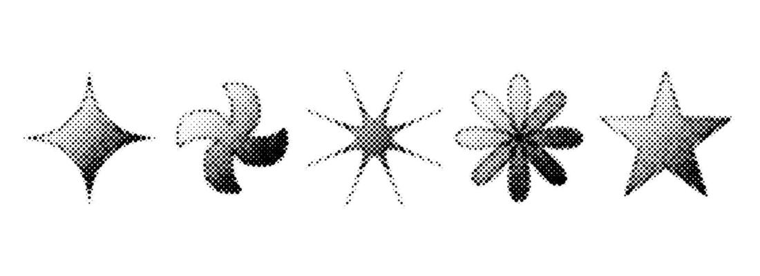Halftone grain gradient stars set. Dotted grunge geometric shape collection. Y2K bitmap elements bundle. Pixel comic burst and sparkle elements for graphic design, poster, banner, flyer.