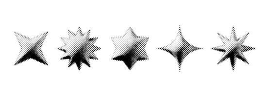 Black halftone grunge stars set. 3d dotted grainy star shape collection. Y2K bitmap gradient elements bundle. Pixel comic burst and sparkle design elements for poster, banner, flyer. vector