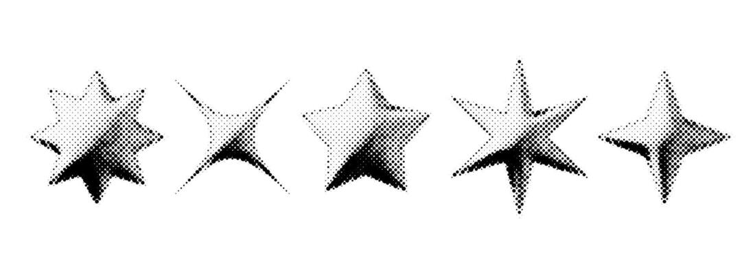 Gritty halftone grunge stars set. 3d dotted grainy star shape collection. Y2K bitmap gradient elements bundle. Pixel comic burst and sparkle design elements for poster, banner, flyer.