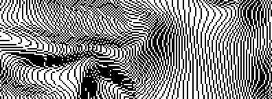 Dithered curved wavy texture. Black pixelated glitch lines background. Digitalized distorted stripes for banner, poster, flyer, brochure, booklet. Abstract rasterized noise overlay wallpaper vector