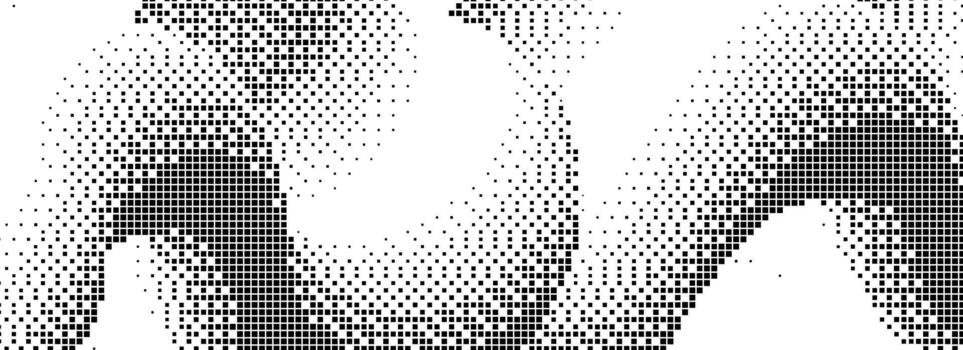 Pixelated curved gradient shape. Dotted dither squiggling texture background. Liquid undulate form for banner, poster, leaflet, brochure. Abstract rasterized overlay backdrop. Comic wallpaper vector