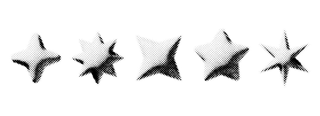 Halftone grunge stars set. 3d dotted grainy star shape collection. Y2K bitmap gradient elements bundle. Pixel comic burst and sparkle elements for graphic design, poster, banner, flyer.