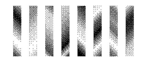Halftone slanted gradient border set. Pixelated long dotted separator or divider collection. Bitmap rectangle decoration element for banner, poster, advertisement, card, cover, print. vector