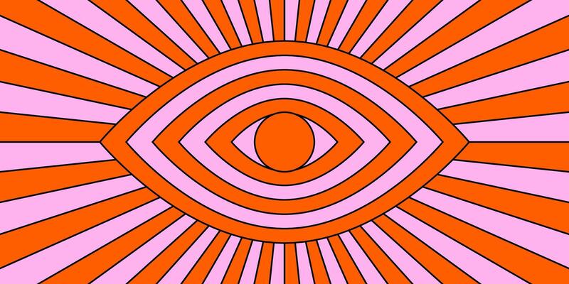 Retro trippy psychedelic background. Red and pink groovy evil eye with ray burst wallpaper. Vintage colorful hippie tunnel poster. Mental hypnotic vibe concept.
