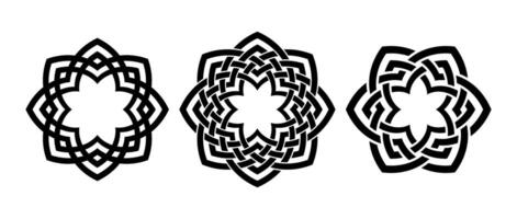 Retro knot circle frame set. Black celtic round border collection. Braid and rope ornament motif pattern for banner, poster, frame. Circular radial weaved flower design elements bundle. vector