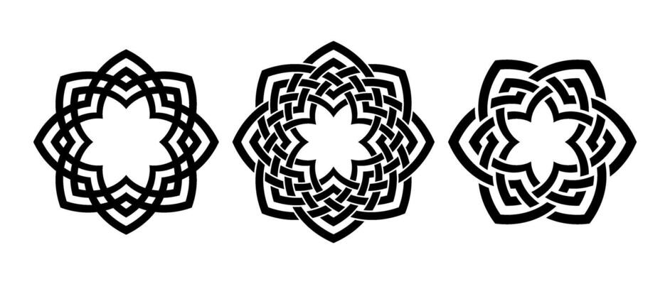 Retro knot circle frame set. Black celtic round border collection. Braid and rope ornament motif pattern for banner, poster, frame. Circular radial weaved flower design elements bundle.