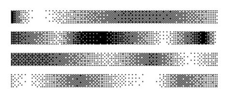 Bitmap gradient border set. Black dotted halftone header or footer collection. Pixelated rectangle decoration element for banner, poster, advertisement, card, cover. Horizontal stripes vector