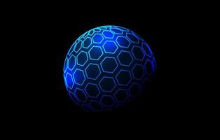 Blue neon hexagon pattern sphere. 3d halftone hemisphere concept. Grid globe futuristic element. Round shape for tech poster, banner, cover, emblem, logo, leaflet. vector