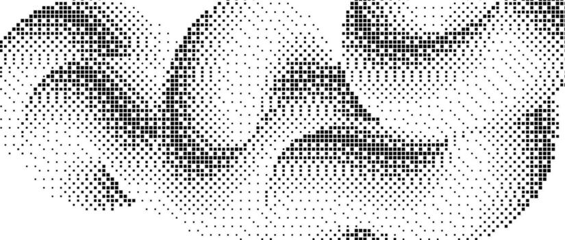 Pixelated gradient squiggle shape. Black dither wave texture background. Dotted fluid curvy form for banner, poster, leaflet. Abstract digitalized undulated overlay wallpaper. Comic backdrop vector