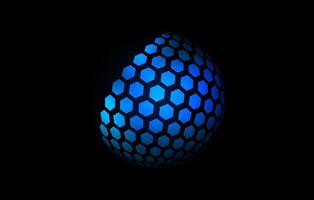 Blue neon hexagon pattern sphere. 3d halftone hemisphere concept. Grid globe futuristic element. Round shape for tech poster, banner, cover, emblem, logo. vector