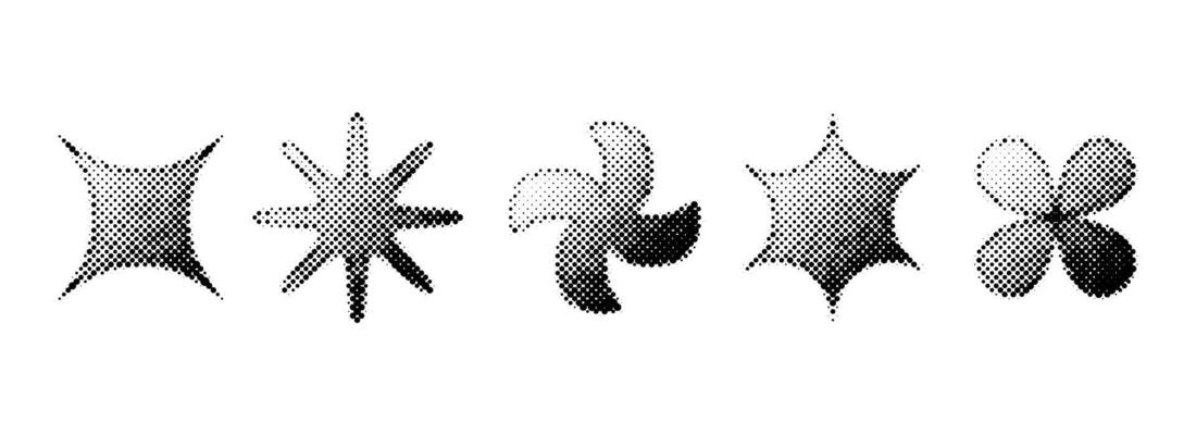 Halftone grain stars set. Dotted grunge geometric shape collection. Y2K bitmap gradient elements bundle. Pixel comic burst and sparkle elements for graphic design, poster, banner, flyer.