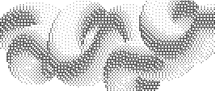 Pixelated gradient squiggle shape. Black dither wavy texture background. Dotted curved fluid form for banner, poster, leaflet. Abstract digitalized undulated overlay wallpaper. vector