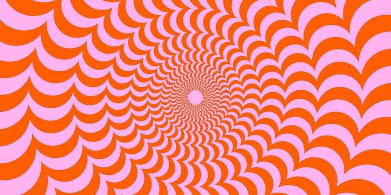 Red and pink abstract wavy lines surface. Optical illusion background. Radial distorted waves poster design. Trippy sunburst illusion wallpaper. Spinning hypnotic illustration