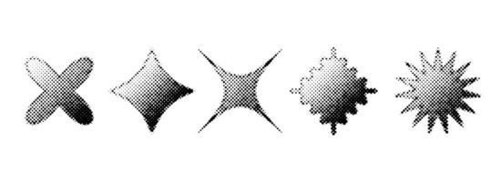 Halftone grain gradient star set. Dotted grunge geometric shape collection. Y2K bitmap element bundle. Pixel comic burst and sparkle elements for graphic design, poster, banner, flyer. vector