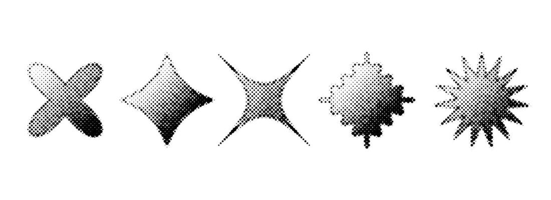 Halftone grain gradient star set. Dotted grunge geometric shape collection. Y2K bitmap element bundle. Pixel comic burst and sparkle elements for graphic design, poster, banner, flyer.
