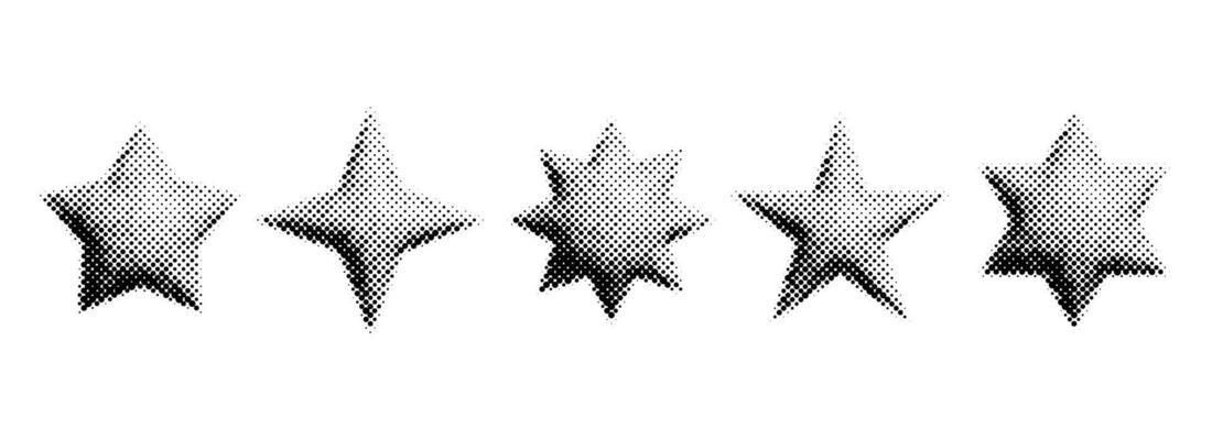 Halftone grain star set. Dotted 3d star shape collection. Y2K bitmap gradient elements bundle. Pixel comic burst and sparkle elements for graphic design, poster, banner.
