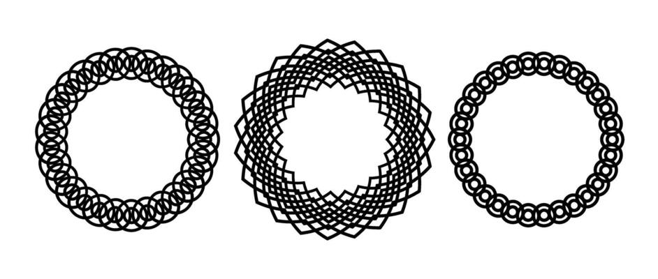 Retro knot circle frame set. Black celtic round border collection. Braid and rope ornament and motif pattern for banner, poster, frame. Circular weave design elements bundle.