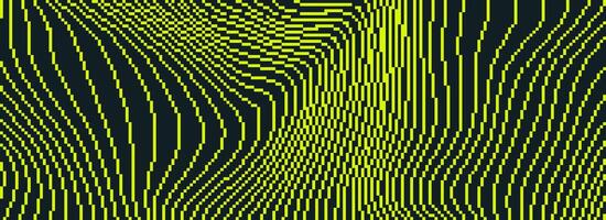 Neon dithered curved wavy texture. Black and yellow pixelated glitch lines background. Digitalized distorted stripes for banner, poster, flyer, booklet. Abstract rasterized overlay wallpaper vector