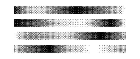 Halftone gradient border set. Black long dotted header or footer collection. Pixelated rectangle decoration element for banner, poster, advertisement, card, cover. Horizontal stripes vector