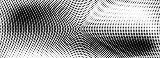 Halftone radial dotted background. Square dots comic gradient texture. Concentric dirt gradation wallpaper. Black white rough grit overlay. Grunge gritty circular pop art cartoon backdrop vector