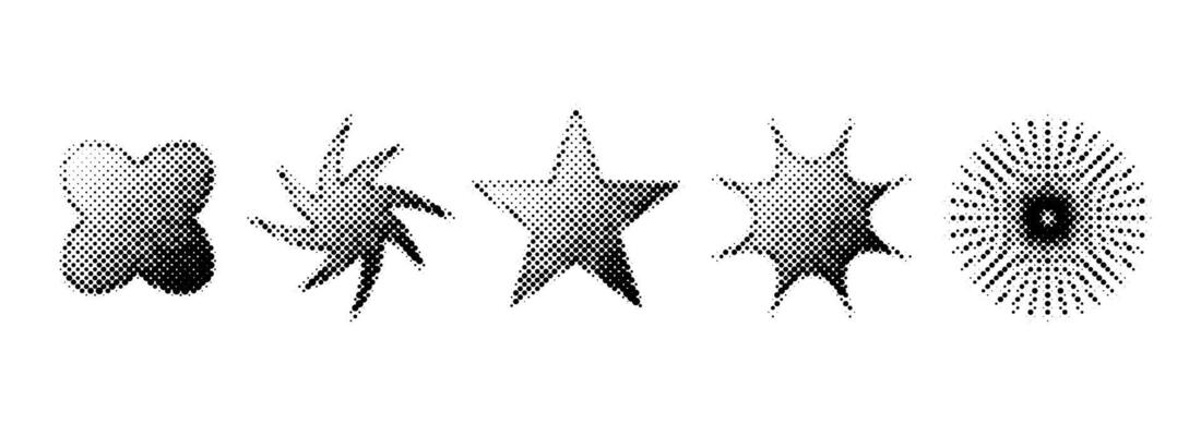 Halftone grain stars set. Dotted grunge star shape collection. Y2K bitmap gradient elements bundle. Pixel comic burst and sparkle elements for graphic design, poster, banner.