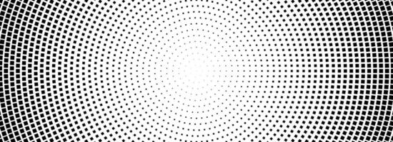 Halftone concentric dotted background. Square dots gradient texture. Radial fading comic gradation wallpaper. Black and white rough gritty overlay. Grunge circular monochrome pop art backdrop. vector