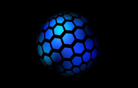 Blue neon hexagon pattern sphere. 3d halftone hemisphere concept. Grid globe futuristic element. Round shape for tech poster, banner, cover, emblem, booklet, leaflet. vector