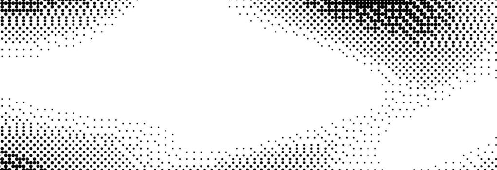 Pixelated bitmap gradient texture. Black and white dither spots background. 8 bit game screen wallpaper. Retro glitchy pixel art illustration. Abstract wavy dithering border vector