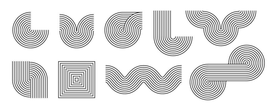 Black linear boho style arch and wave set. Mid century curve shapes collection. Decorative line arc elements for graphic design template, poster, banner, cover. Wavy zigzag forms vector